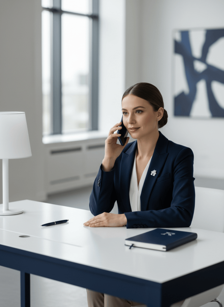 Photographic image of a confident small business owner — a real estate agent or insurance broker — at a clean modern desk, phone in hand, looking calm and in control. Navy and white color palette only, no other colors. Professional, premium, modern aesthetic. Soft even studio lighting, shallow depth of field, blurred office background. Shot slightly elevated, balanced composition. Mobile-first, clear and impactful at small sizes.